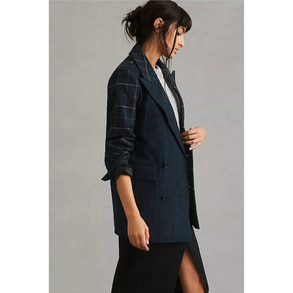 NEW Avec Les Filles Anthropologie Navy Blue Plaid Wool Blend Blazer Jacket XS